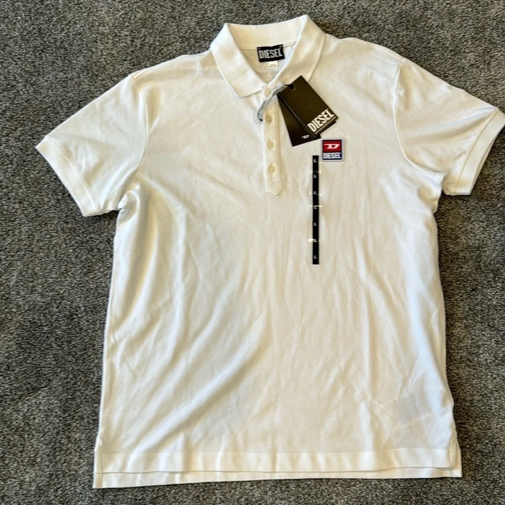 New Men's Diesel White T Kal Patch Polo Shirt - L